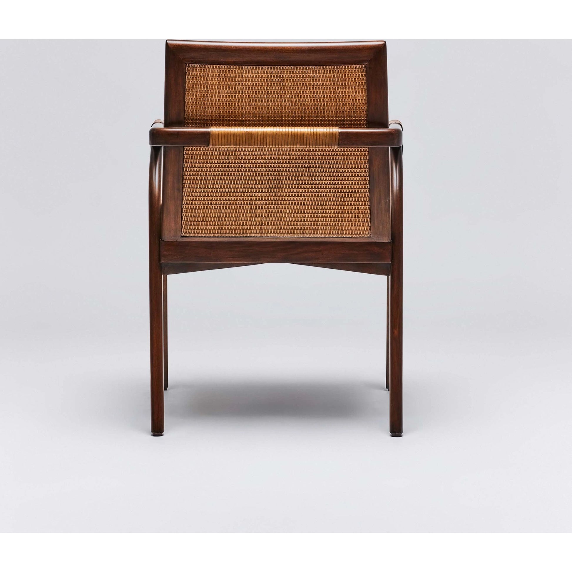 Delray Arm Chair by Interlude Home. Made from mahogany, rattan, leather, flax weave in a cottage & farmhouse style.