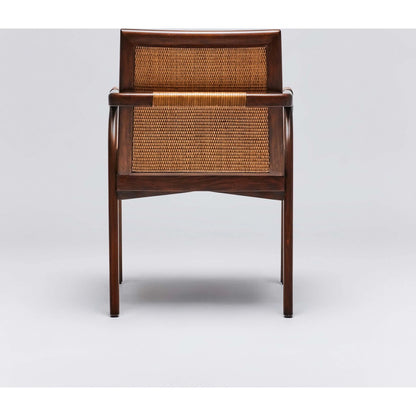 Delray Arm Chair by Interlude Home. Made from mahogany, rattan, leather, flax weave in a cottage & farmhouse style.