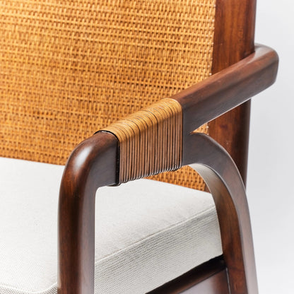Delray Arm Chair by Interlude Home. Made from mahogany, rattan, leather, flax weave in a cottage & farmhouse style.