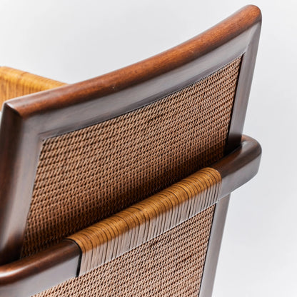 Delray Arm Chair by Interlude Home. Made from mahogany, rattan, leather, flax weave in a cottage & farmhouse style.