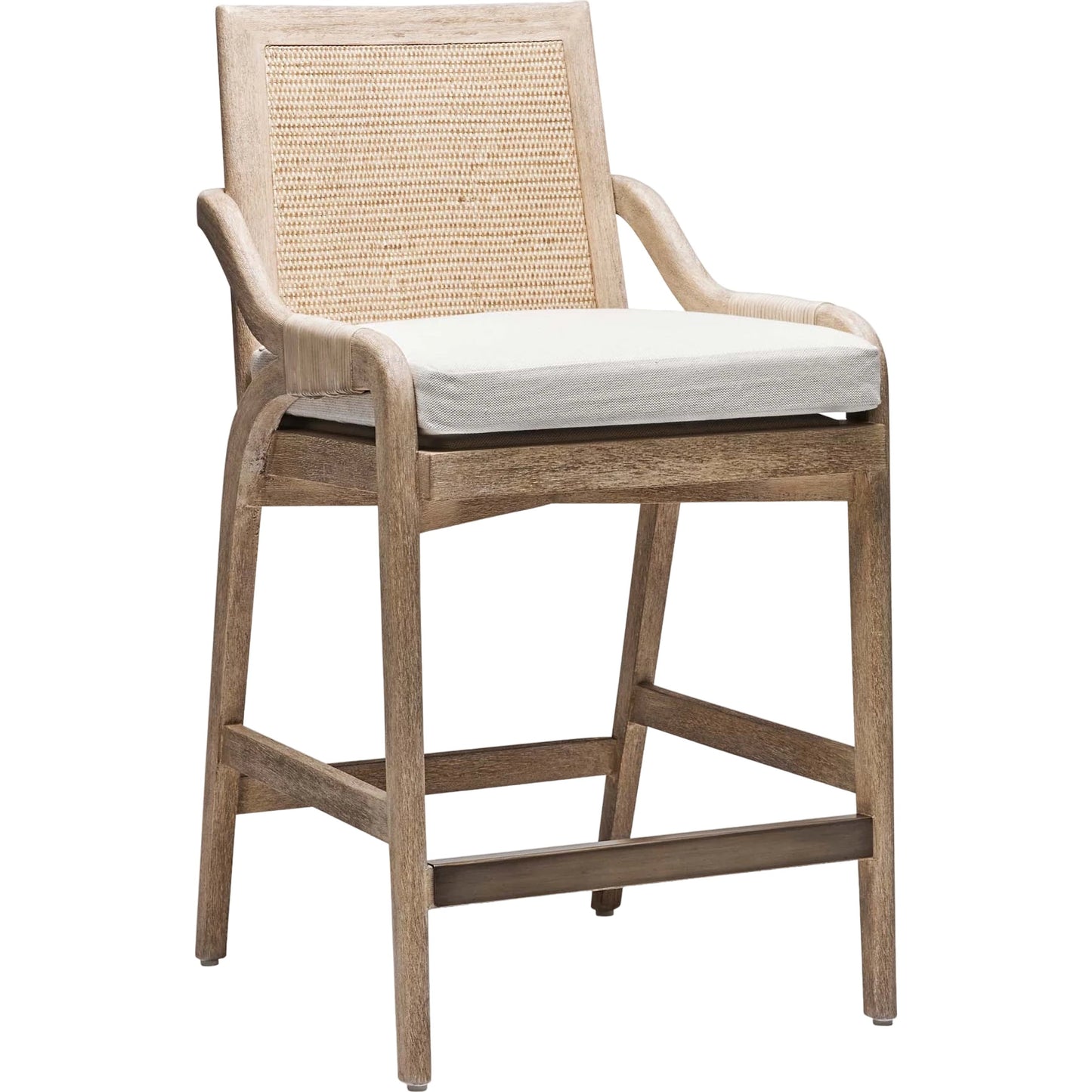 001 SI-2122845 | Primary Silo | Delray Counter Stool by Interlude Home in white ceruse, off white, dark antique brass, natural. Made from mahogany, rattan, leather, metal, flax weave in a cottage & farmhouse style.