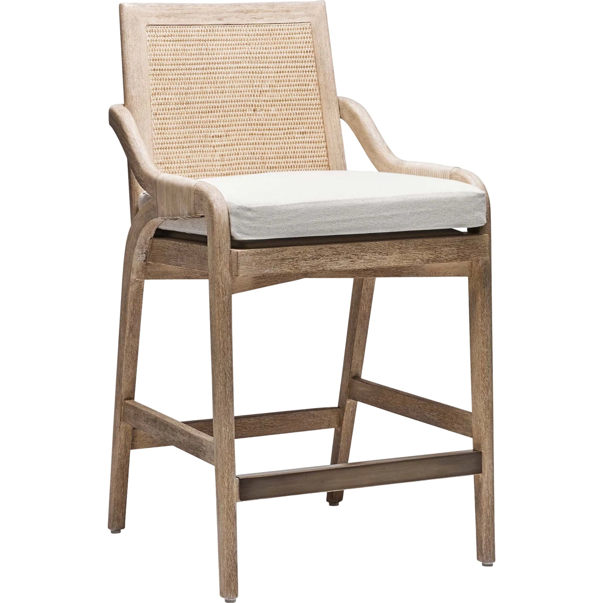 Delray Counter Stool by Interlude Home. Made from mahogany, rattan, leather, metal, flax weave in a cottage & farmhouse style.