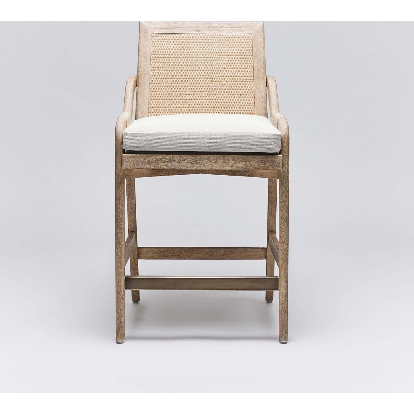 007 SI-2122845 | Additional Silo | Delray Counter Stool by Interlude Home in white ceruse, off white, dark antique brass, natural. Made from mahogany, rattan, leather, metal, flax weave in a cottage & farmhouse style.