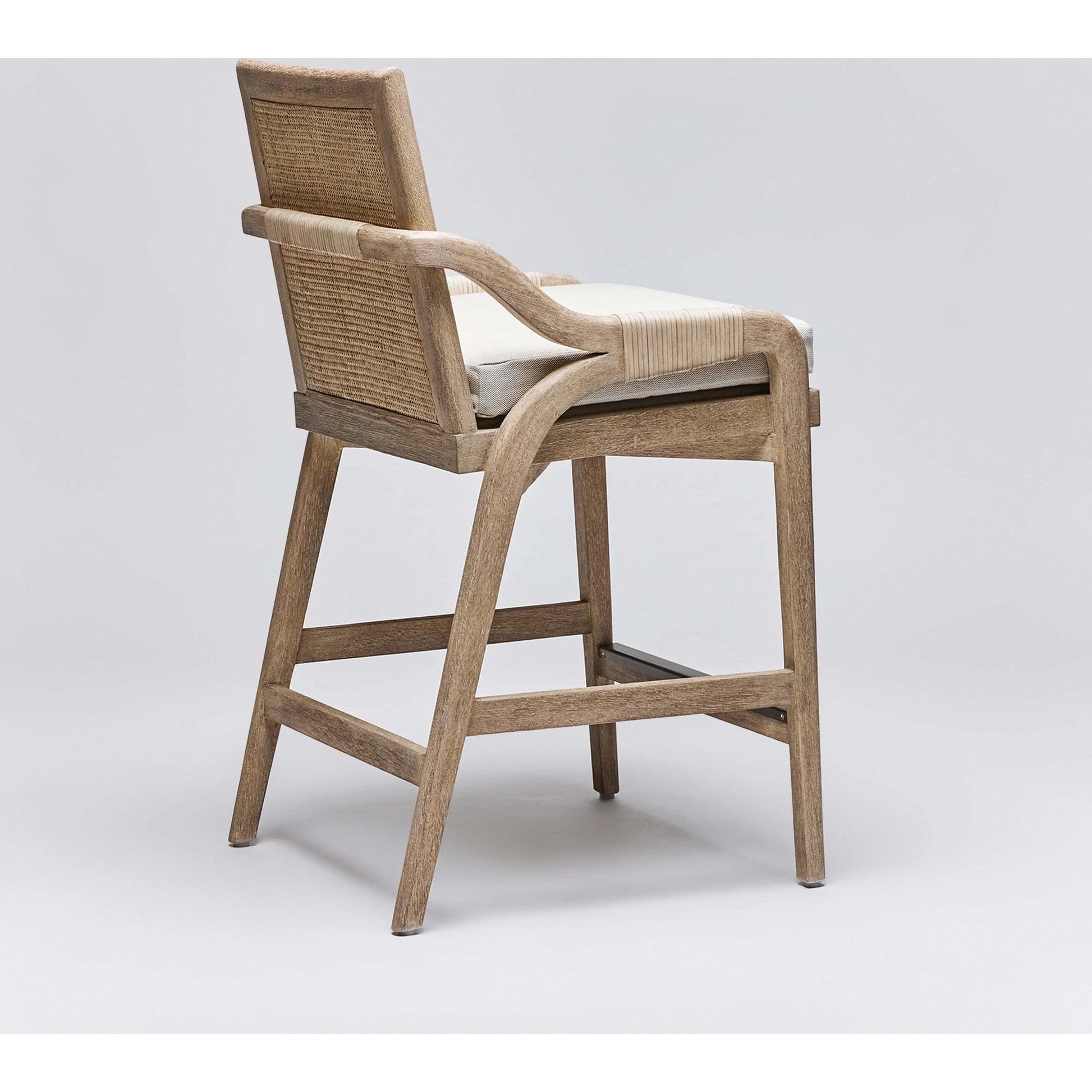 Delray Counter Stool by Interlude Home. Made from mahogany, rattan, leather, metal, flax weave in a cottage & farmhouse style.