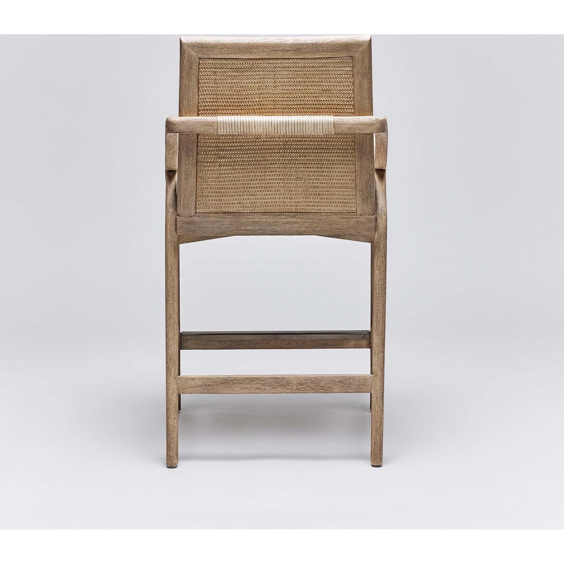 Delray Counter Stool by Interlude Home. Made from mahogany, rattan, leather, metal, flax weave in a cottage & farmhouse style.