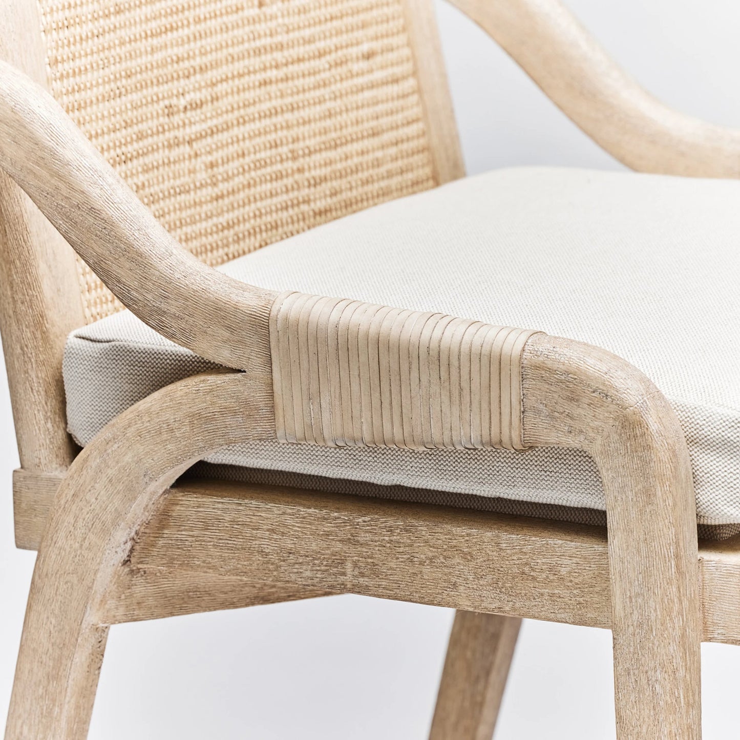 004 SI-2122845 | Closeup | Delray Counter Stool by Interlude Home in white ceruse, off white, dark antique brass, natural. Made from mahogany, rattan, leather, metal, flax weave in a cottage & farmhouse style.
