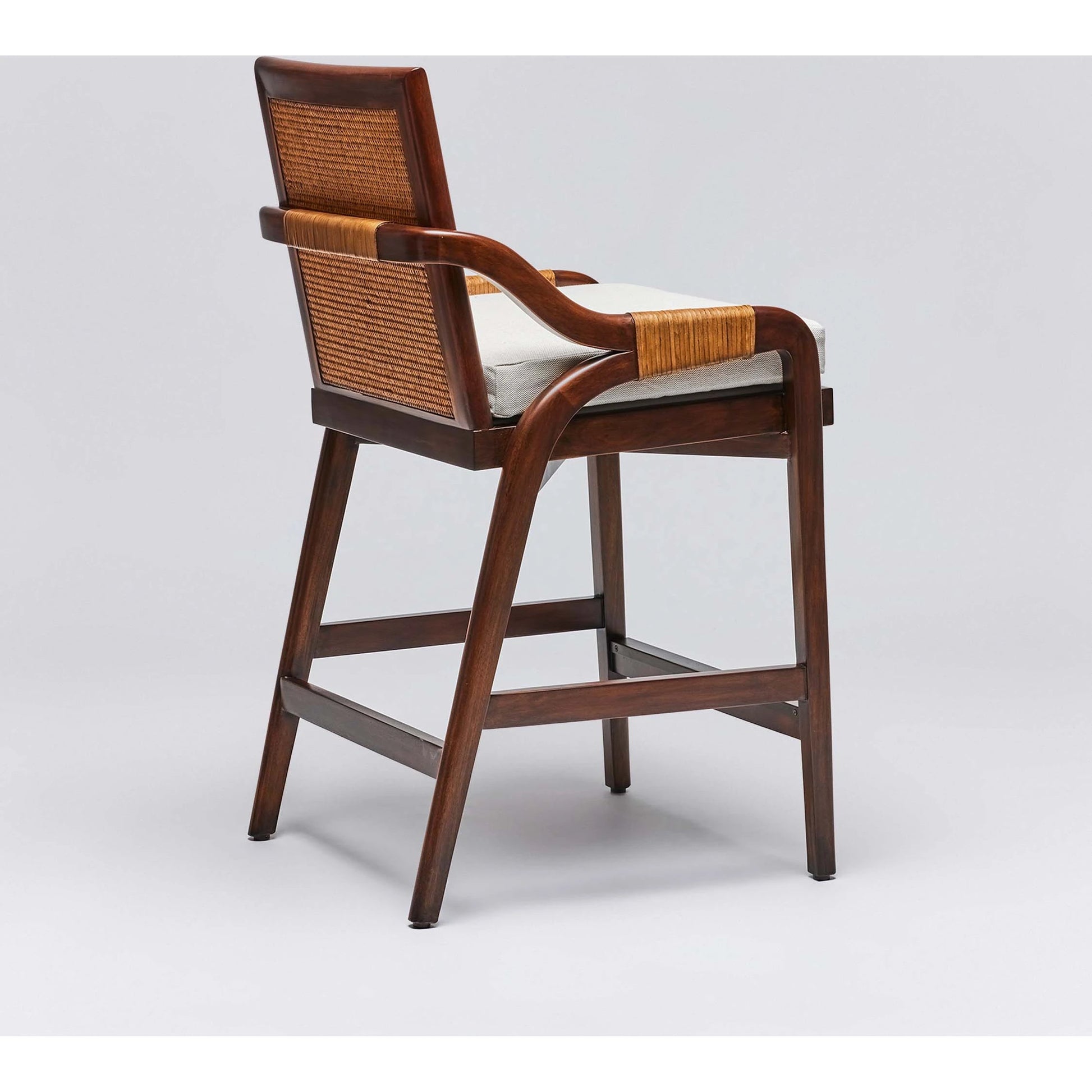 Delray Counter Stool by Interlude Home. Made from mahogany, rattan, leather, metal, flax weave in a cottage & farmhouse style.