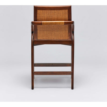 Delray Counter Stool by Interlude Home. Made from mahogany, rattan, leather, metal, flax weave in a cottage & farmhouse style.