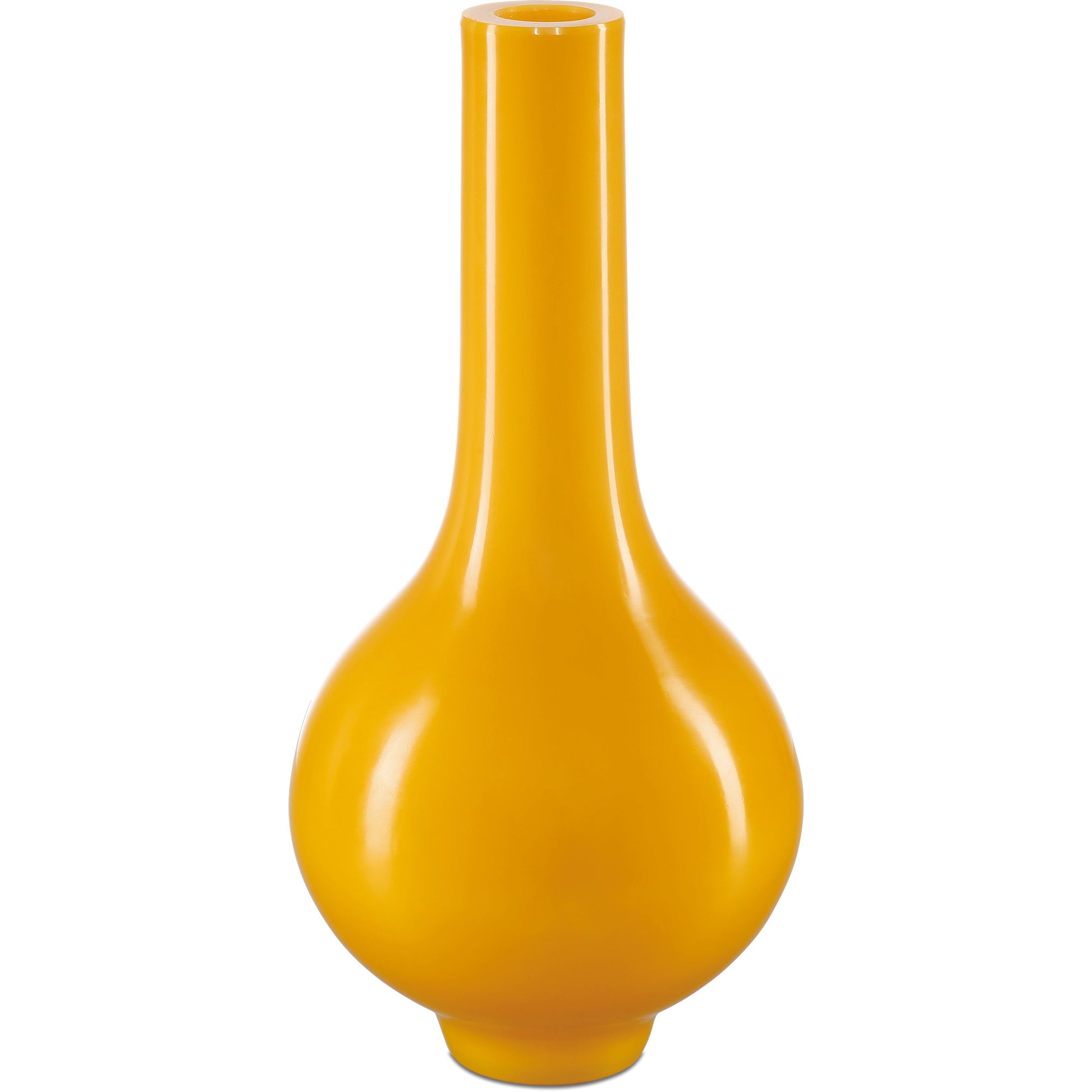 Imperial Yellow Peking Long Neck Vase by Currey and Company in imperial yellow. Made from glass in a modern style.