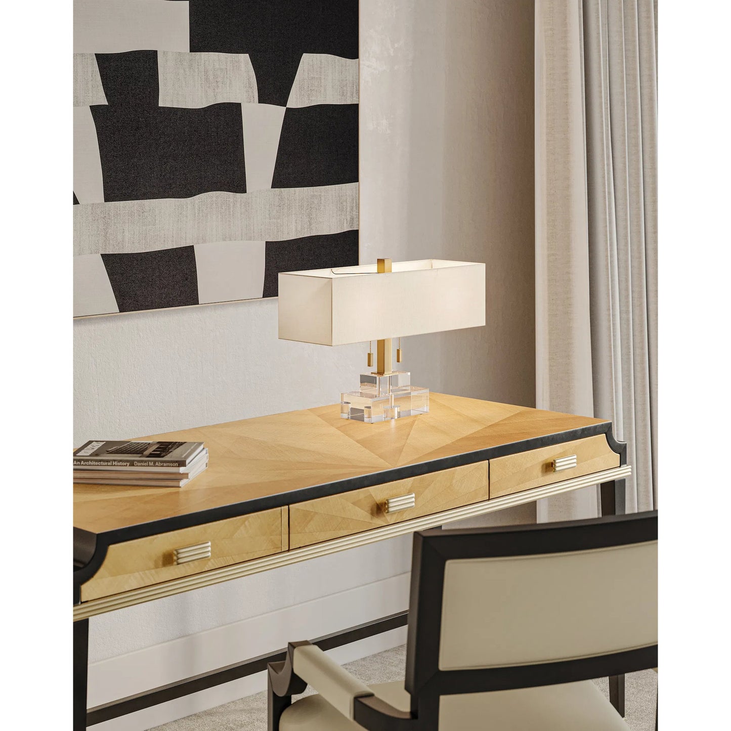019 SR-823524 | Lifestyle | Chiara Table Lamp by Currey and Company in clear, antique brass. Made from optic crystal, metal in a transitional style.