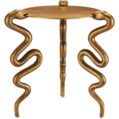 Serpent Accent Table by Currey and Company in antique brass. Made from cast aluminum in a modern style.