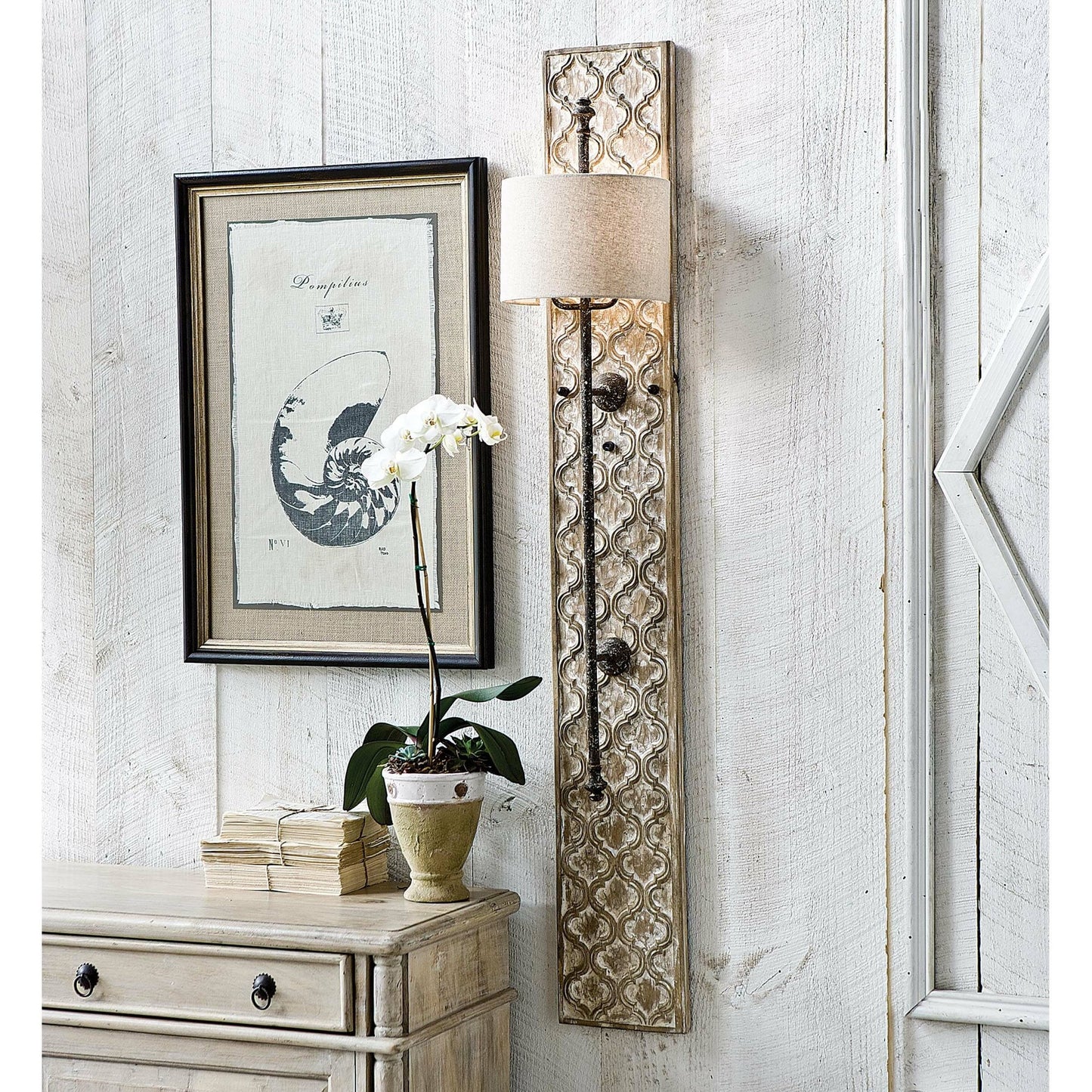 006 S-286782 | Lifestyle | Carved Panel Sconce by Regina Andrew in distressed, painted and distressed painted. Made from paulownia wood in a cottage & farmhouse style.
