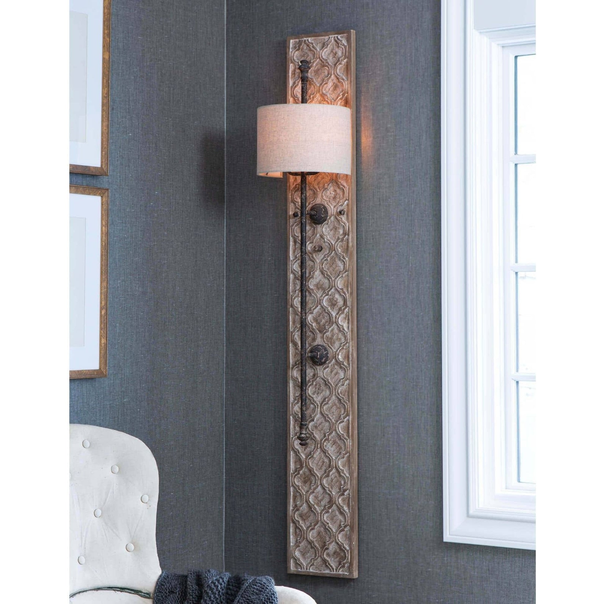 Carved Panel Sconce by Regina Andrew in distressed, painted and distressed painted. Made from paulownia wood in a cottage & farmhouse style.