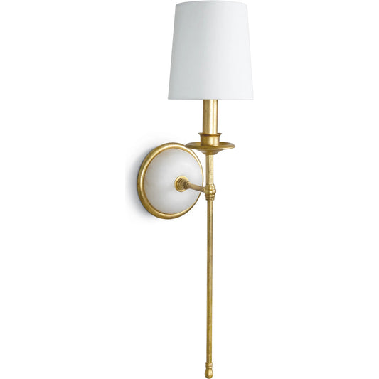 Fisher Sconce Single by Regina Andrew in gold leaf. Made from steel in a unique style.