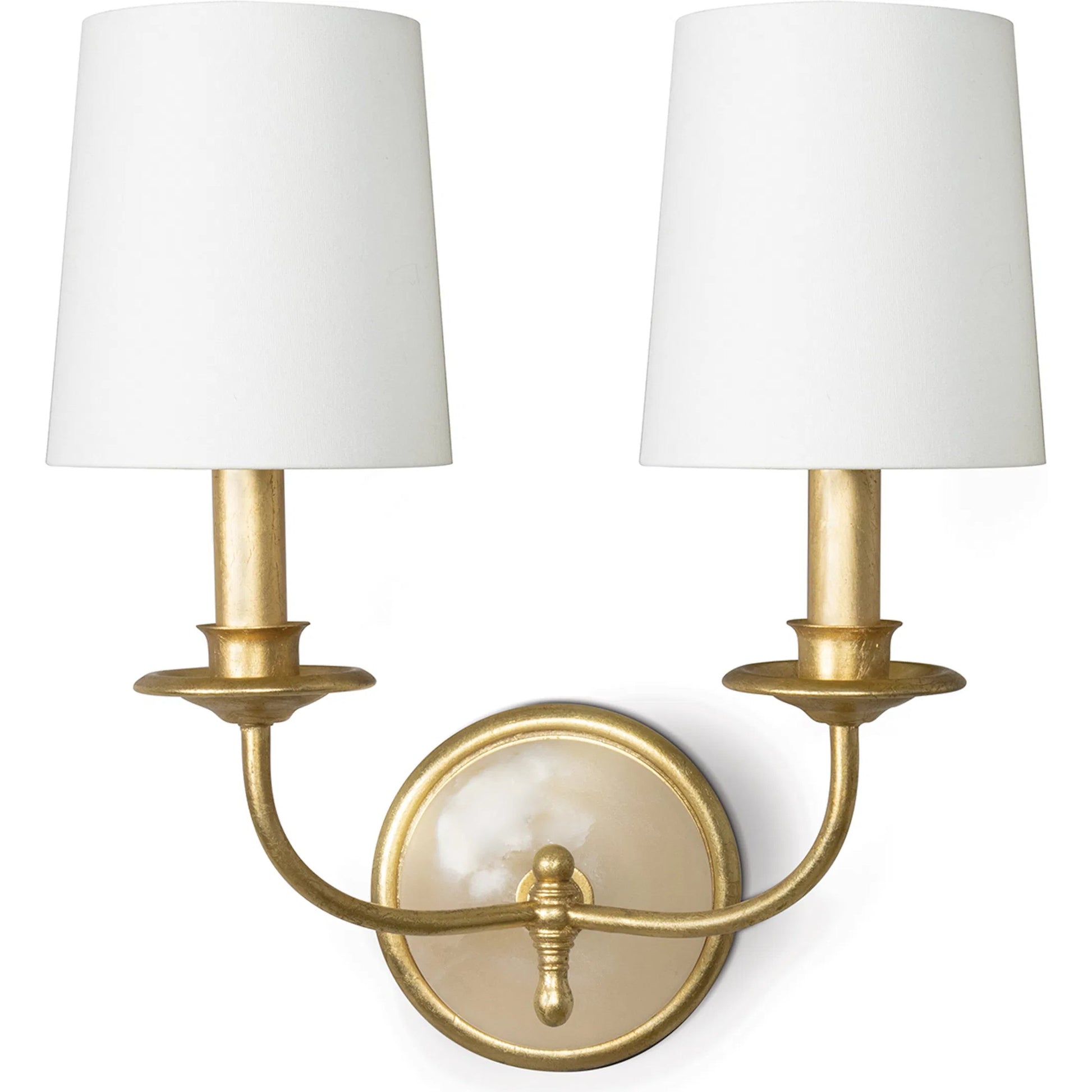 Fisher Sconce Double by Regina Andrew in gold leaf. Made from steel in a modern style.