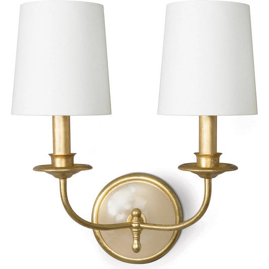 Fisher Sconce Double by Regina Andrew in gold leaf. Made from steel in a unique style.
