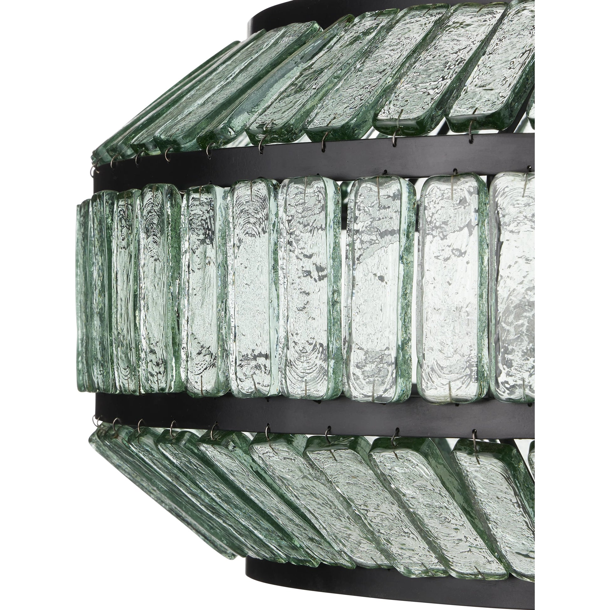 Centurion Recycled Glass Chandelier by Currey and Company in clear, satin black. Made from recycled glass, wrought iron in a traditional style.