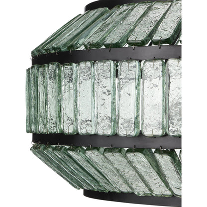 Centurion Recycled Glass Chandelier by Currey and Company in clear, satin black. Made from recycled glass, wrought iron in a traditional style.