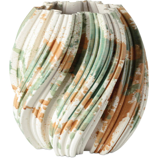 Camouflage Vase by Currey and Company in green, brown, off-white. Made from porcelain in a unique style.