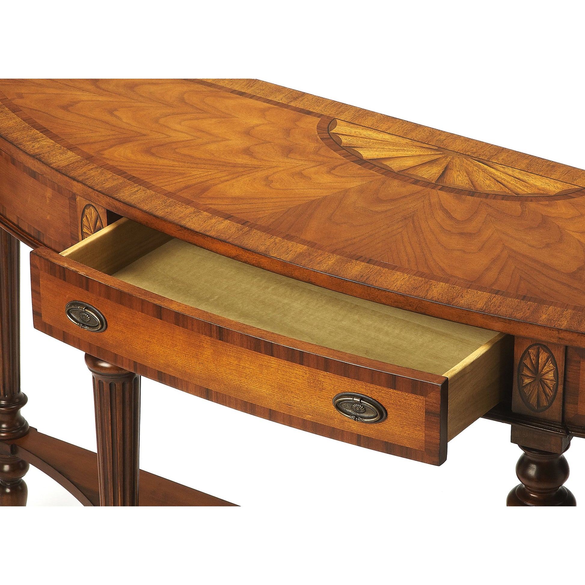 Latham Console Table by Butler Specialty Company in medium brown and connoisseur's. Made from wood solids, wood products, anegre, rosewood, myrtle burl, crown cherry veneers in a traditional style.