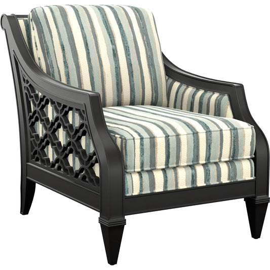 Bay Club Chair by Tommy Bahama Home in ebony. Made from mahogany, fabric in a transitional style.