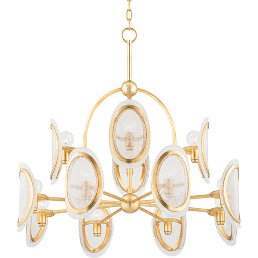 Danes Chandelier by Hudson Valley in vintage gold leaf. Made from steel in a transitional style.