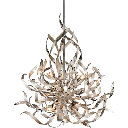 Graffiti Pendant by Corbett in silver leaf polished stainless. Made from hand-worked iron in a modern style.