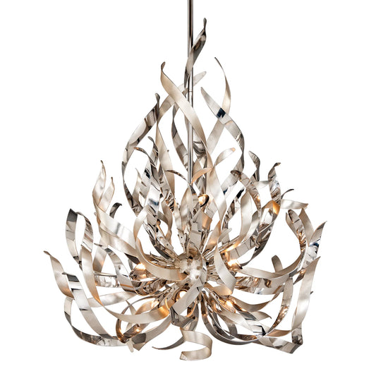 Graffiti 9-Light Chandelier by Corbett in silver leaf. Made from hand worked iron in a unique style.