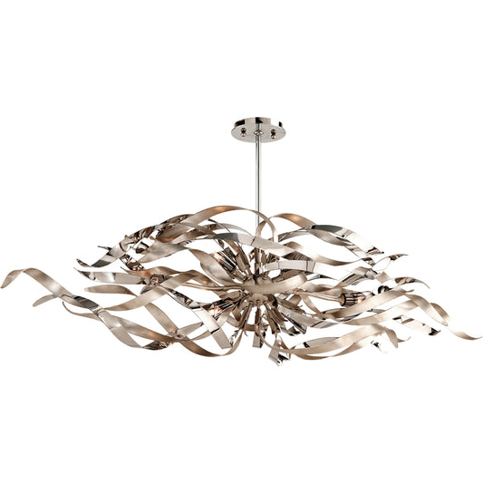 Graffiti Linear Chandelier by Corbett in silver leaf polished stainless. Made from hand worked iron in a modern style.