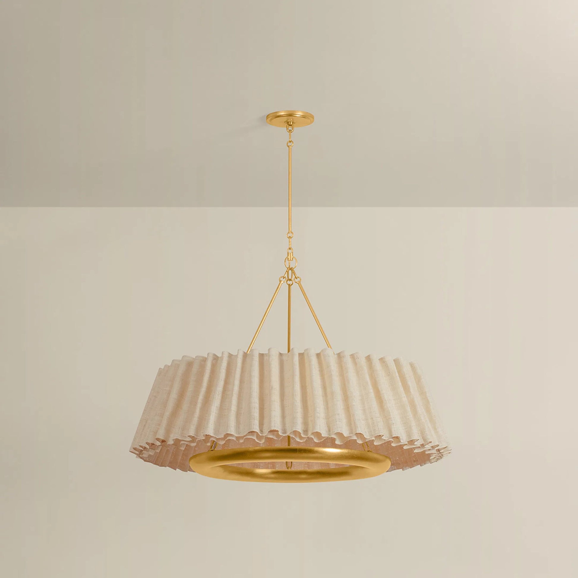 Beechford Chandelier by Hudson Valley in vintage gold leaf. Made from natural woven in a unique style.