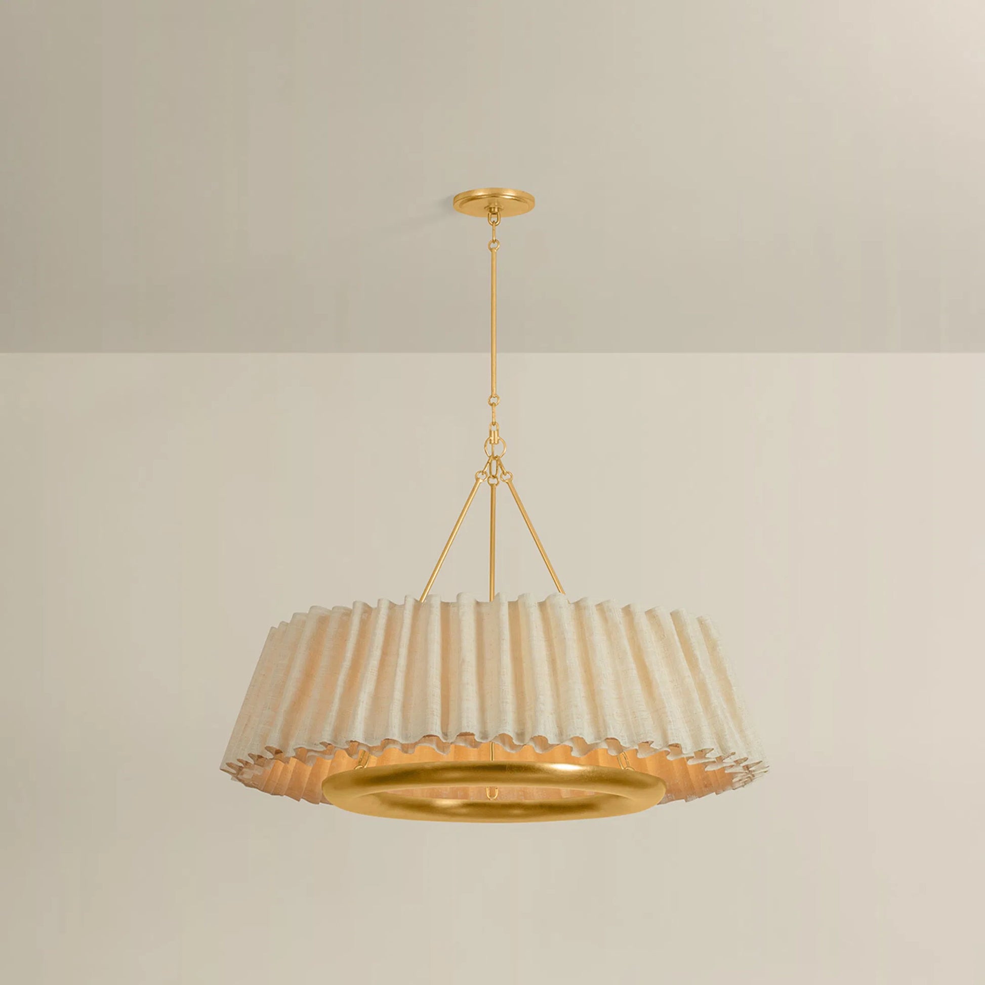 Beechford Chandelier by Hudson Valley in vintage gold leaf. Made from natural woven in a unique style.