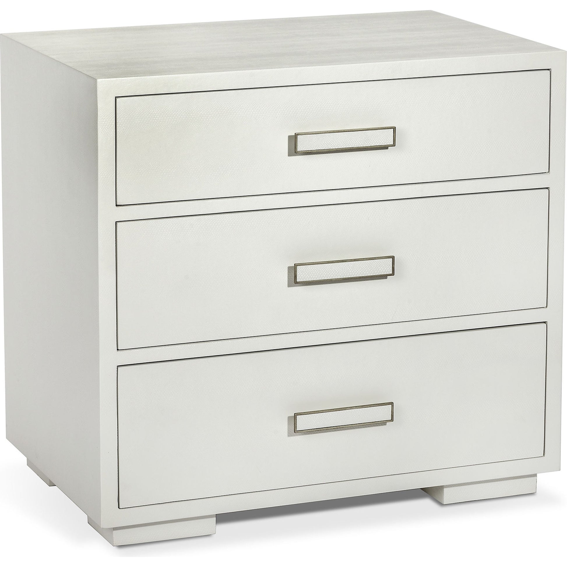 Portia Bedside Chest by Interlude Home in snow white, champagne silver. Made from wood, faux snakeskin, iron in a modern style.