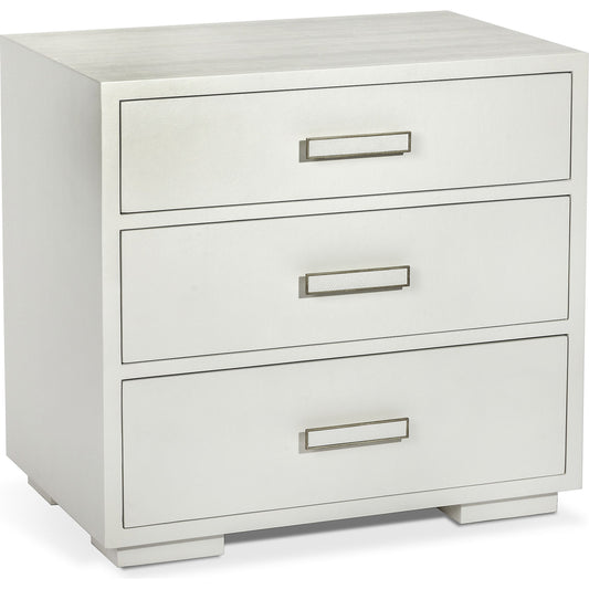 001 SR-388449 | Additional Silo | Portia Bedside Chest by Interlude Home in snow white, champagne silver. Made from wood, faux snakeskin, iron in a modern style.