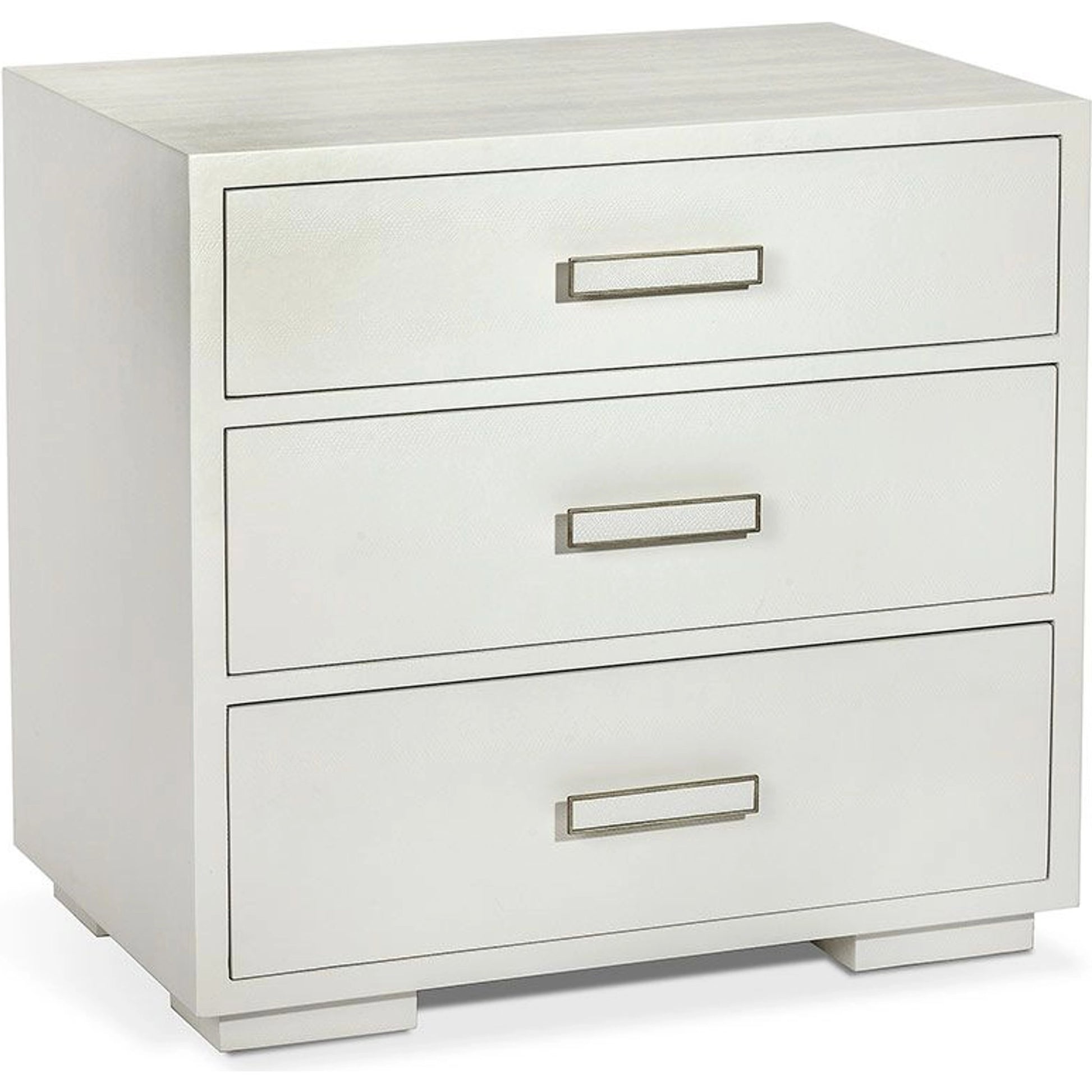 Portia Bedside Chest by Interlude Home in snow white, champagne silver. Made from wood, faux snakeskin, iron in a modern style.
