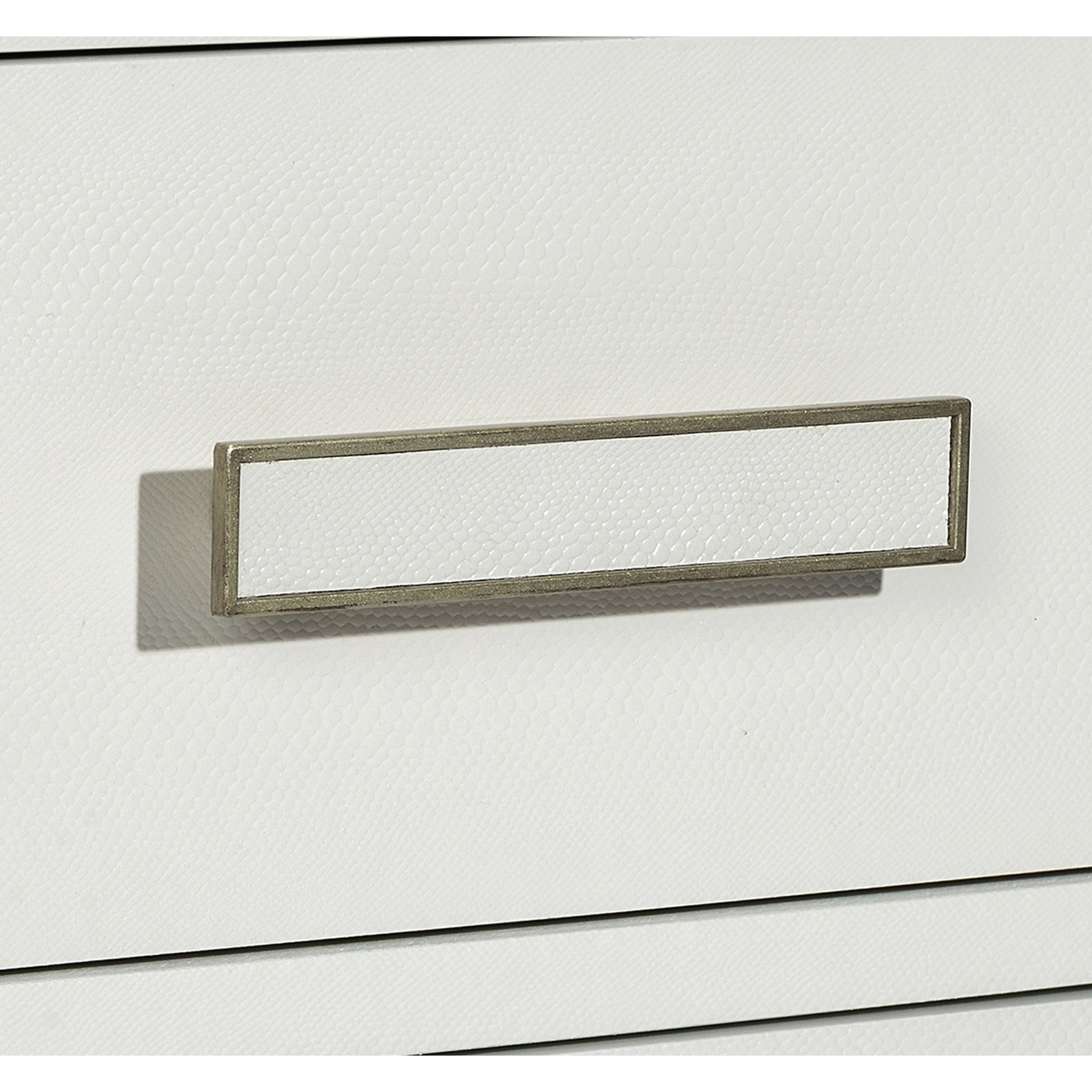 Portia Bedside Chest by Interlude Home in snow white, champagne silver. Made from wood, faux snakeskin, iron in a modern style.