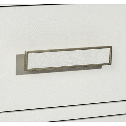 Portia Bedside Chest by Interlude Home in snow white, champagne silver. Made from wood, faux snakeskin, iron in a modern style.