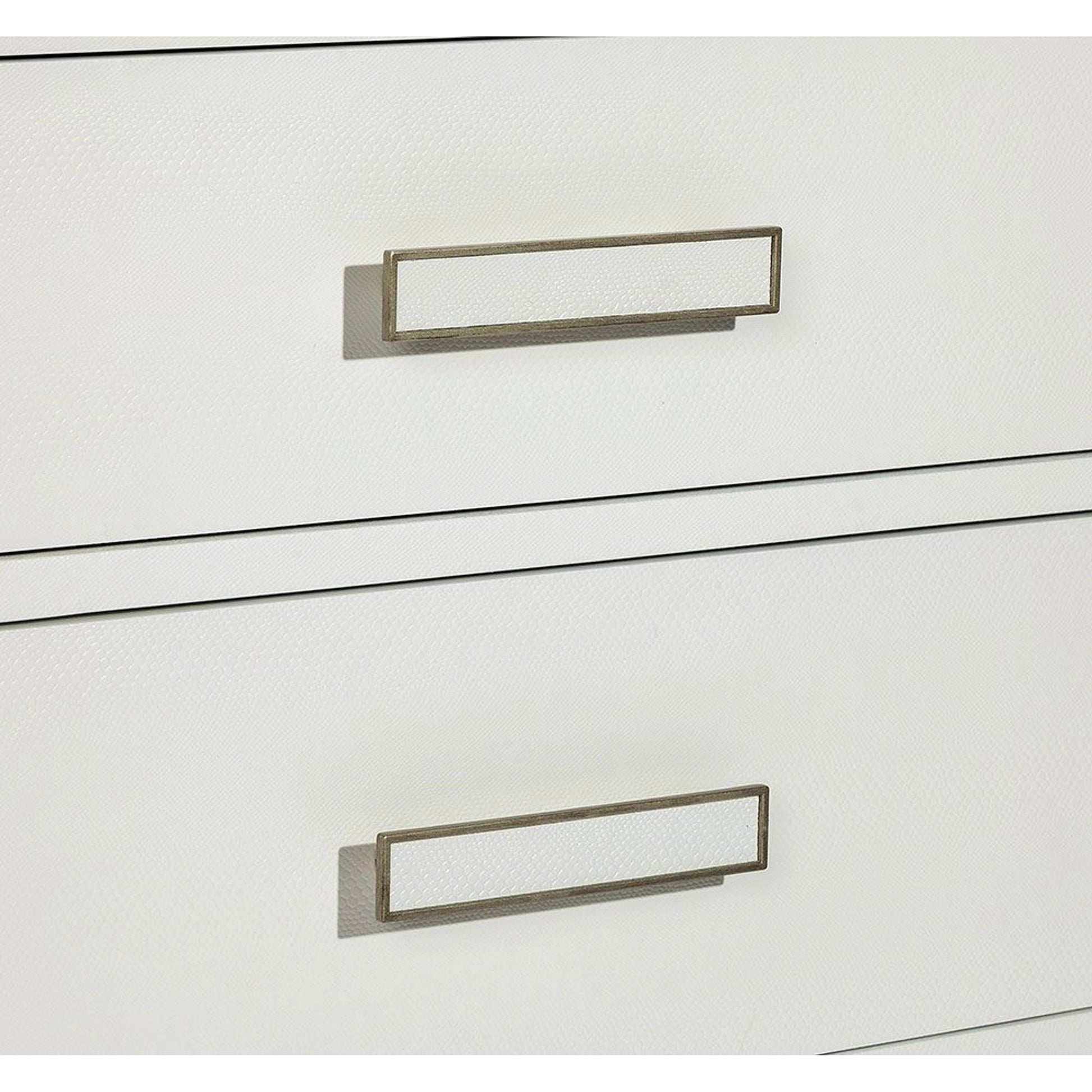 Portia Bedside Chest by Interlude Home in snow white, champagne silver. Made from wood, faux snakeskin, iron in a modern style.