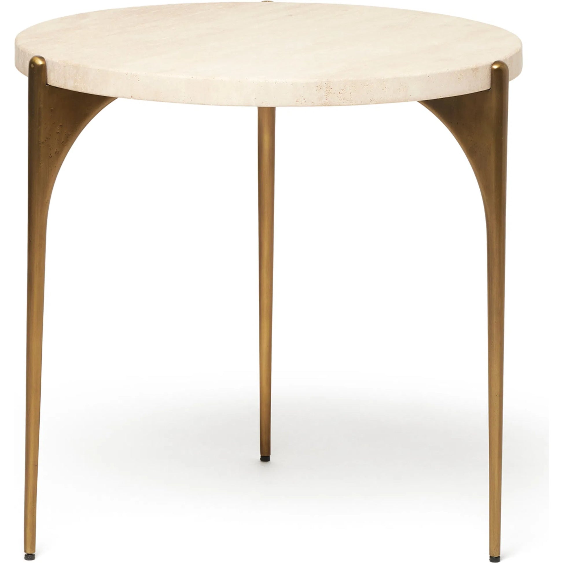 Richmond Side Table by Interlude Home in raw travertine, golden bronze. Made from travertine, stainless steel in a transitional style.