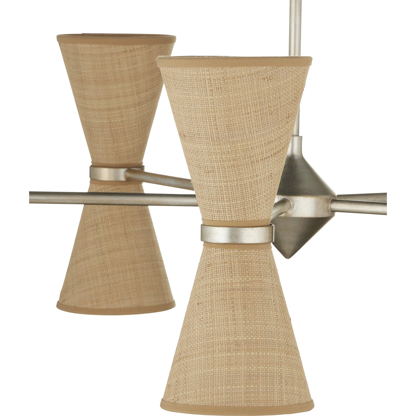 002 SI-2191803 | Closeup | Pennyworth Chandelier by Currey and Company in contemporary silver leaf, contemporary silver, natural. Made from wrought iron, grasscloth in a modern style.