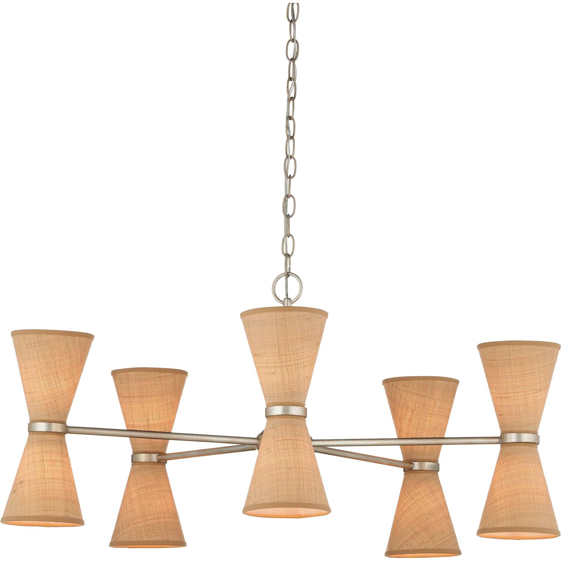 Pennyworth Chandelier by Currey and Company in contemporary silver leaf, contemporary silver, natural. Made from wrought iron, grasscloth in a modern style.