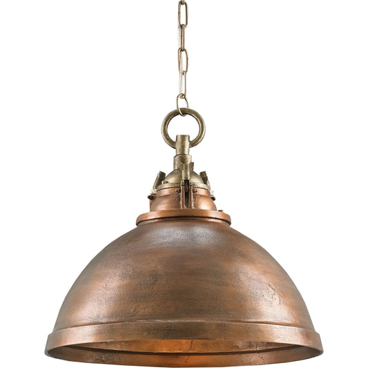 Admiral Pendant by Currey and Company in copper, antique brass. Made from aluminum in a rustic style.