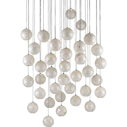 Finhorn 36-Light Round Multi-Drop Pendant by Currey and Company in painted silver, pearl. Made from metal, mother of pearl in a modern style.