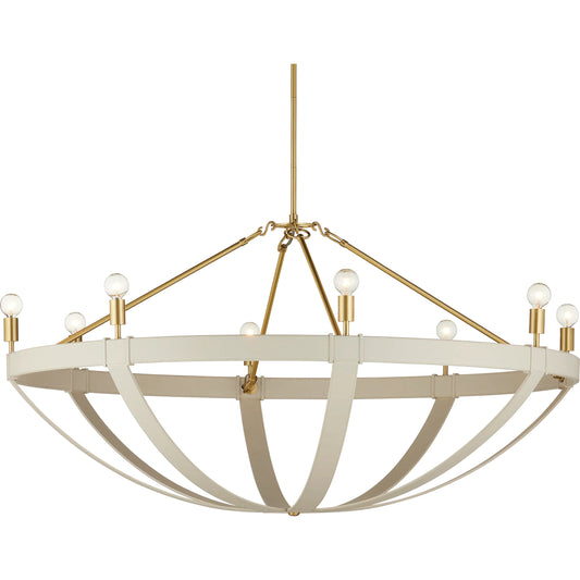 Barrington Chandelier by Currey and Company in cream, brushed brass. Made from leather, stainless steel, brass in a transitional style.