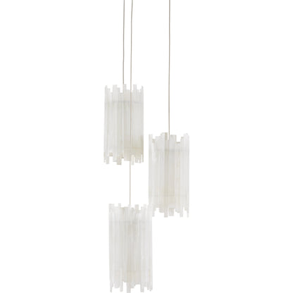 Escenia 3-Light Multi-Drop Pendant by Currey and Company in natural selenite, silver. Made from selenite, frosted glass in a transitional style.