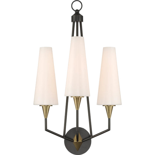 Hennin Wall Sconce by Currey and Company in polished antique brass, oil rubbed bronze. Made from metal, glass in a modern style.