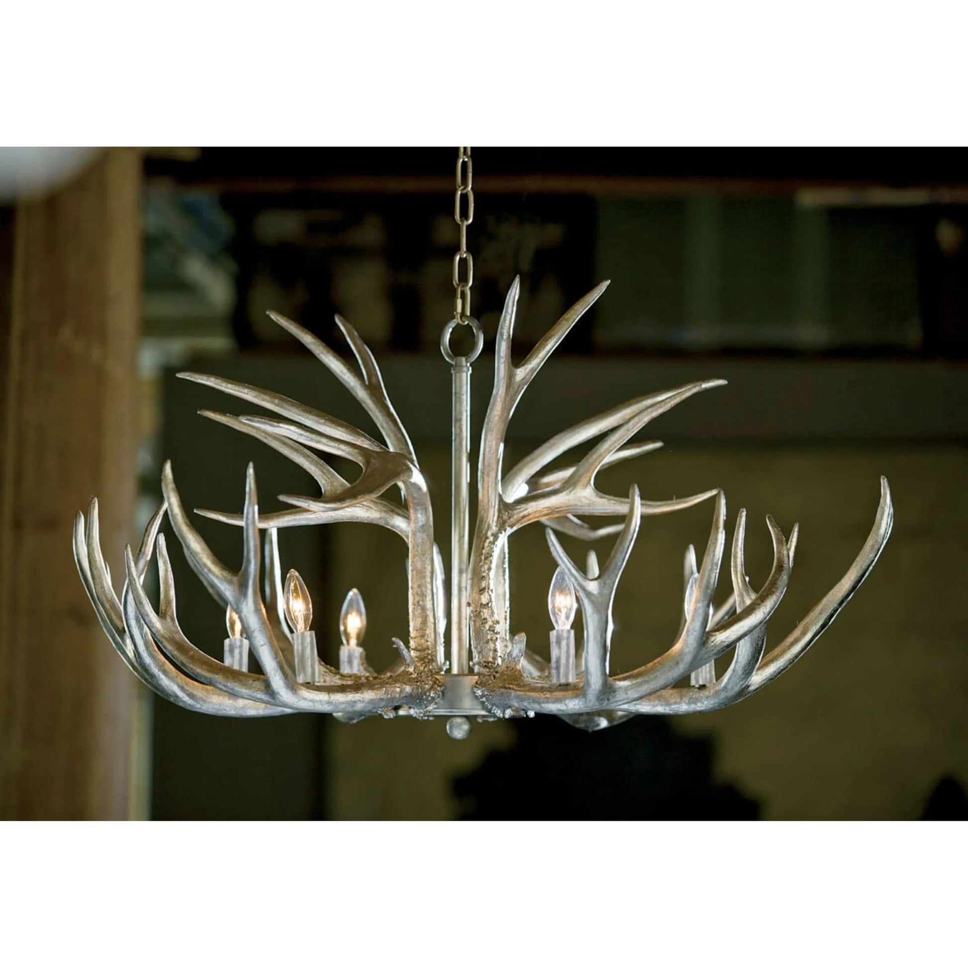 Antler Chandelier by Regina Andrew in silver leaf. Made from resin in a rustic style.
