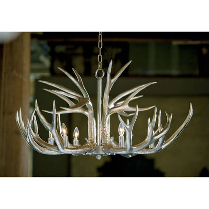 Antler Chandelier by Regina Andrew in silver leaf. Made from resin in a rustic style.