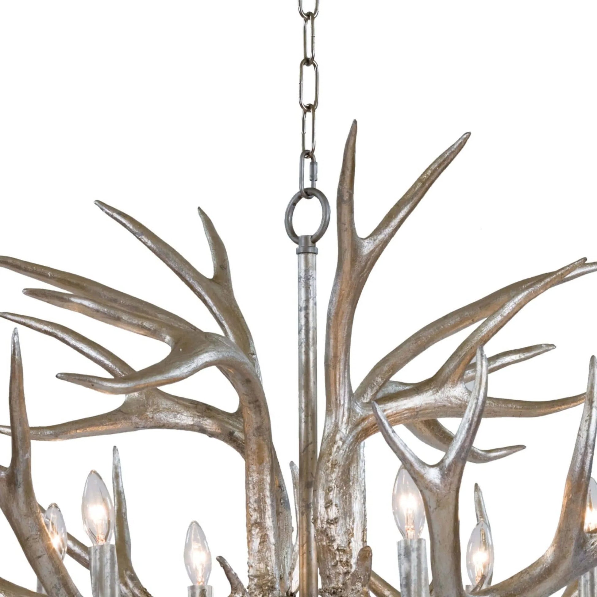 Antler Chandelier by Regina Andrew in silver leaf. Made from resin in a rustic style.