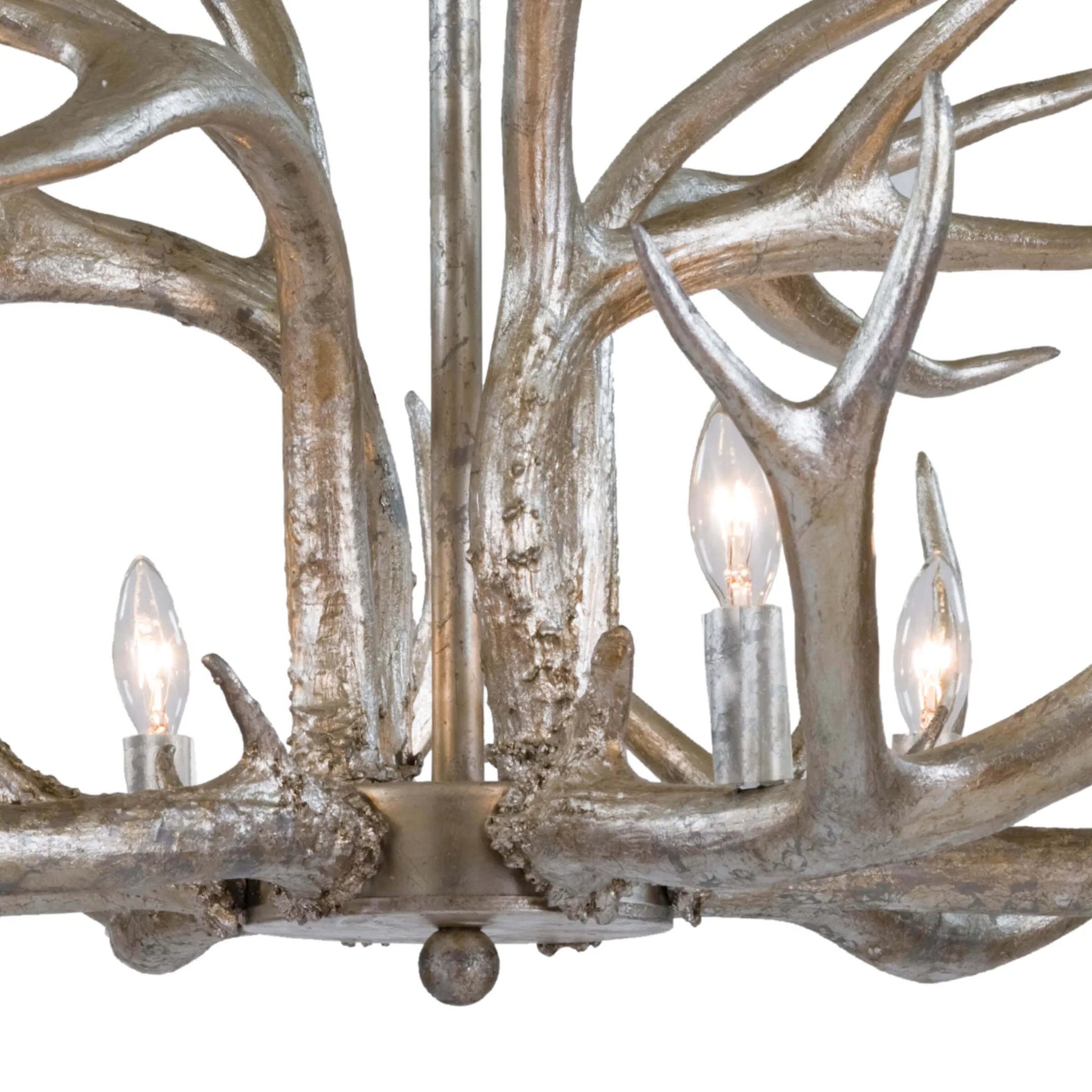 Antler Chandelier by Regina Andrew in silver leaf. Made from resin in a rustic style.