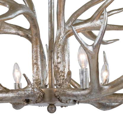 Antler Chandelier by Regina Andrew in silver leaf. Made from resin in a rustic style.
